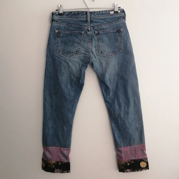 Anthropologie Pilcro Slim Boyfriend Jeans with Patchwork Satin Hems Boho 25 - Picture 4 of 16
